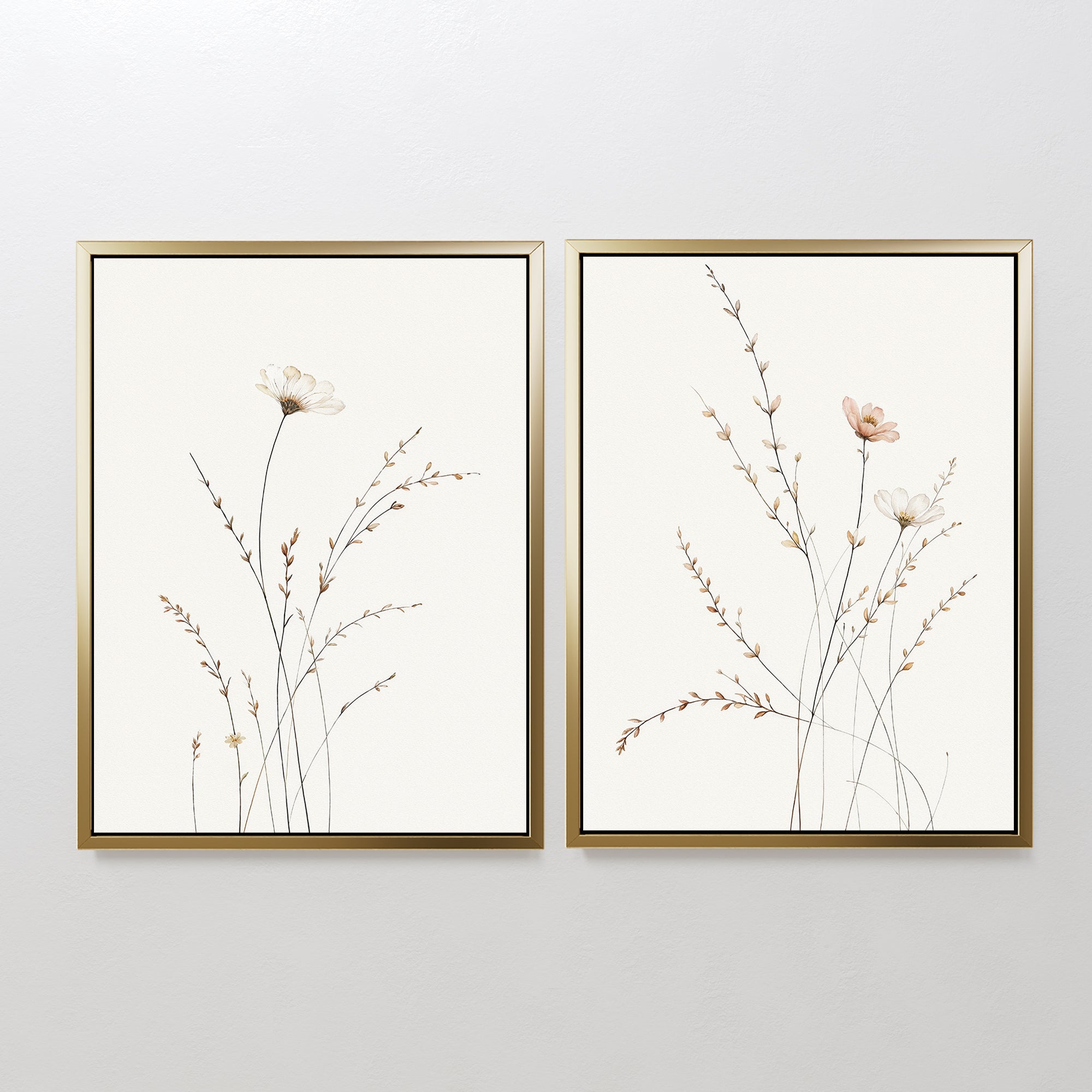 The Prairie Whispers - Set of 2 features minimalist framed art prints with hand-drawn wildflowers and grasses in neutral tones, offering timeless botanical wall art for your space.