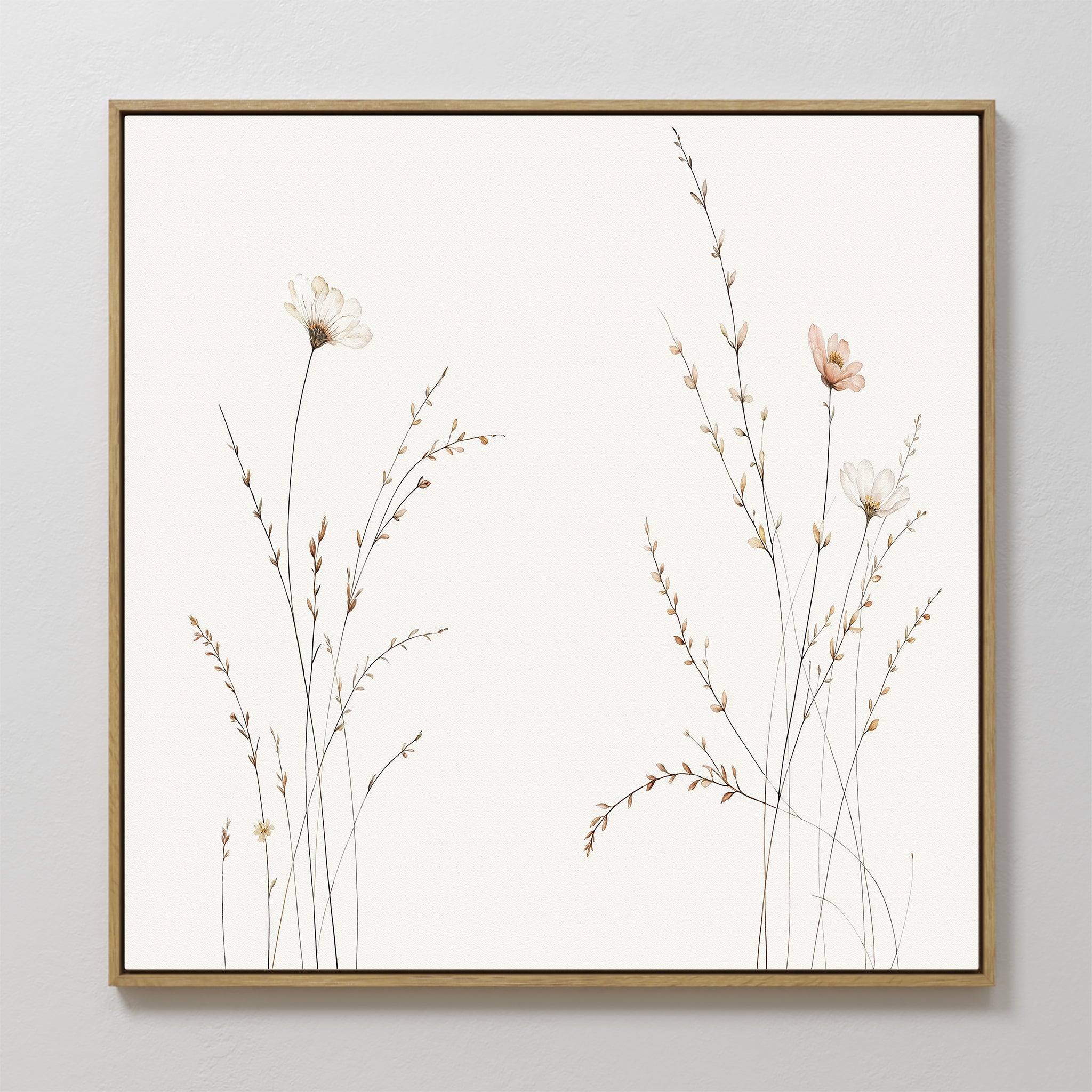 Prairie Whispers Canvas Art - Square features delicate wildflowers and grasses with thin stems and pale petals on a white background, set in a simple light wood frame—ideal for the Nordic Park aesthetic.