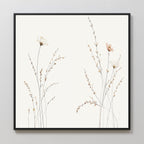 Prairie Whispers Canvas Art - Square features delicate, hand-drawn wildflowers and slender grasses on white, framed in black for a serene, modern look when hung on light-colored walls.