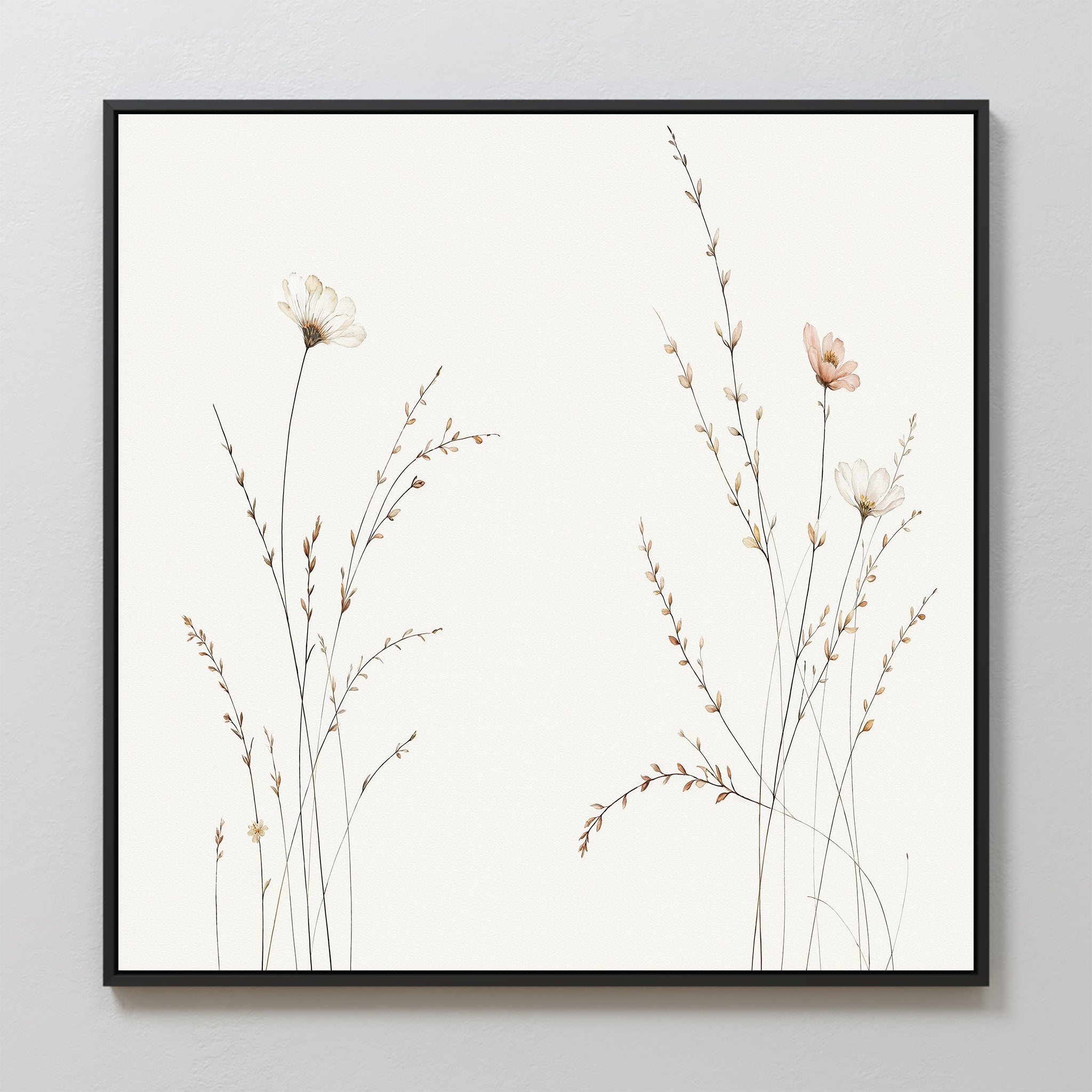 Prairie Whispers Canvas Art - Square features delicate, hand-drawn wildflowers and slender grasses on white, framed in black for a serene, modern look when hung on light-colored walls.