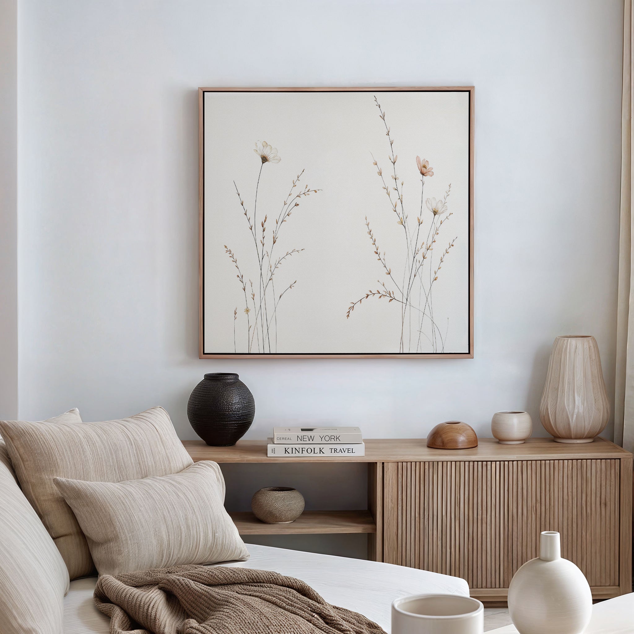 A minimalist living room with a beige sofa, neutral cushions, wooden sideboard, decorative vases, and the Prairie Whispers Canvas Art - Square as botanical wall decor creates a calm and serene atmosphere.