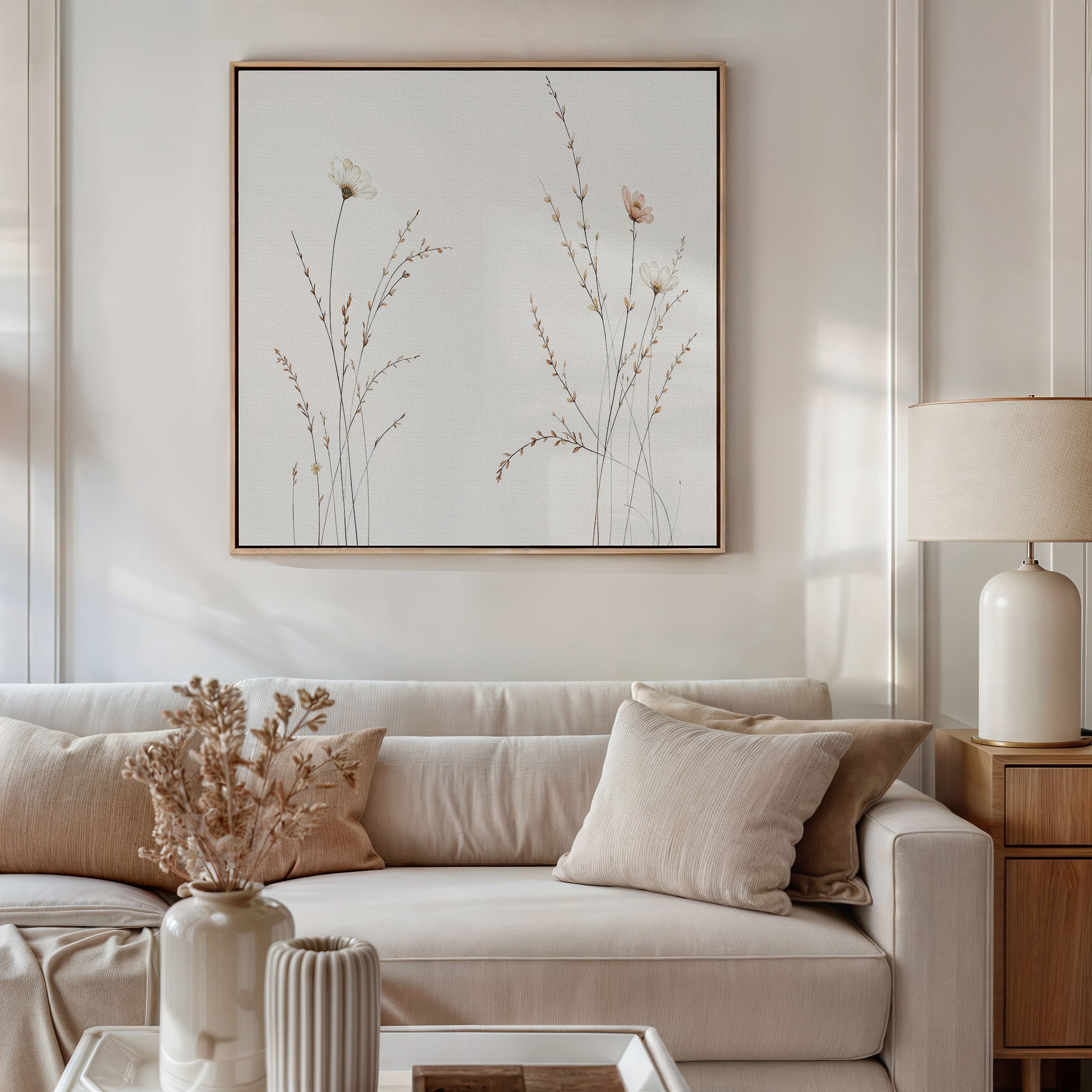 A cozy living room features a white sofa with beige and cream cushions, a wooden side table with a white lamp, and Prairie Whispers Canvas Art - Square on the wall. A vase of dried flowers decorates the coffee table in front.