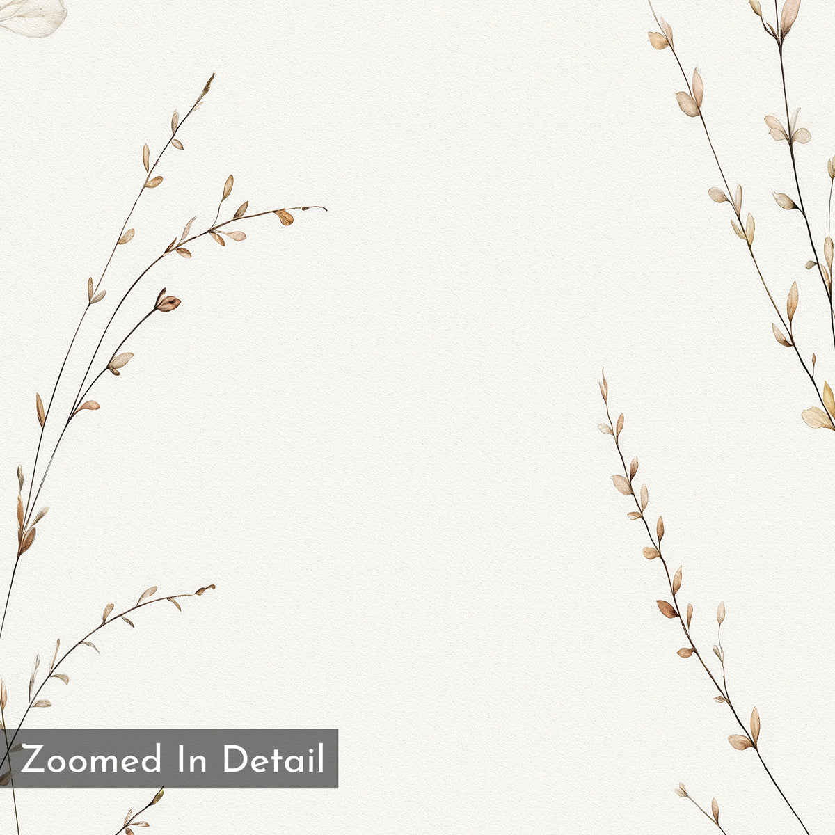 Delicate, hand-drawn botanical branches with small light brown leaves on cream adorn the Prairie Whispers Canvas Art - Square. A gray box in the lower left reads Zoomed In Detail—ideal as calming botanical wall art for any space.