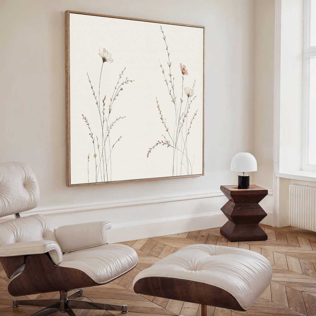 A modern minimalist living room with a white leather lounge chair and ottoman, dark wood side table with a white dome lamp, and striking Prairie Whispers Canvas Art - Square as botanical wall art on the wall.