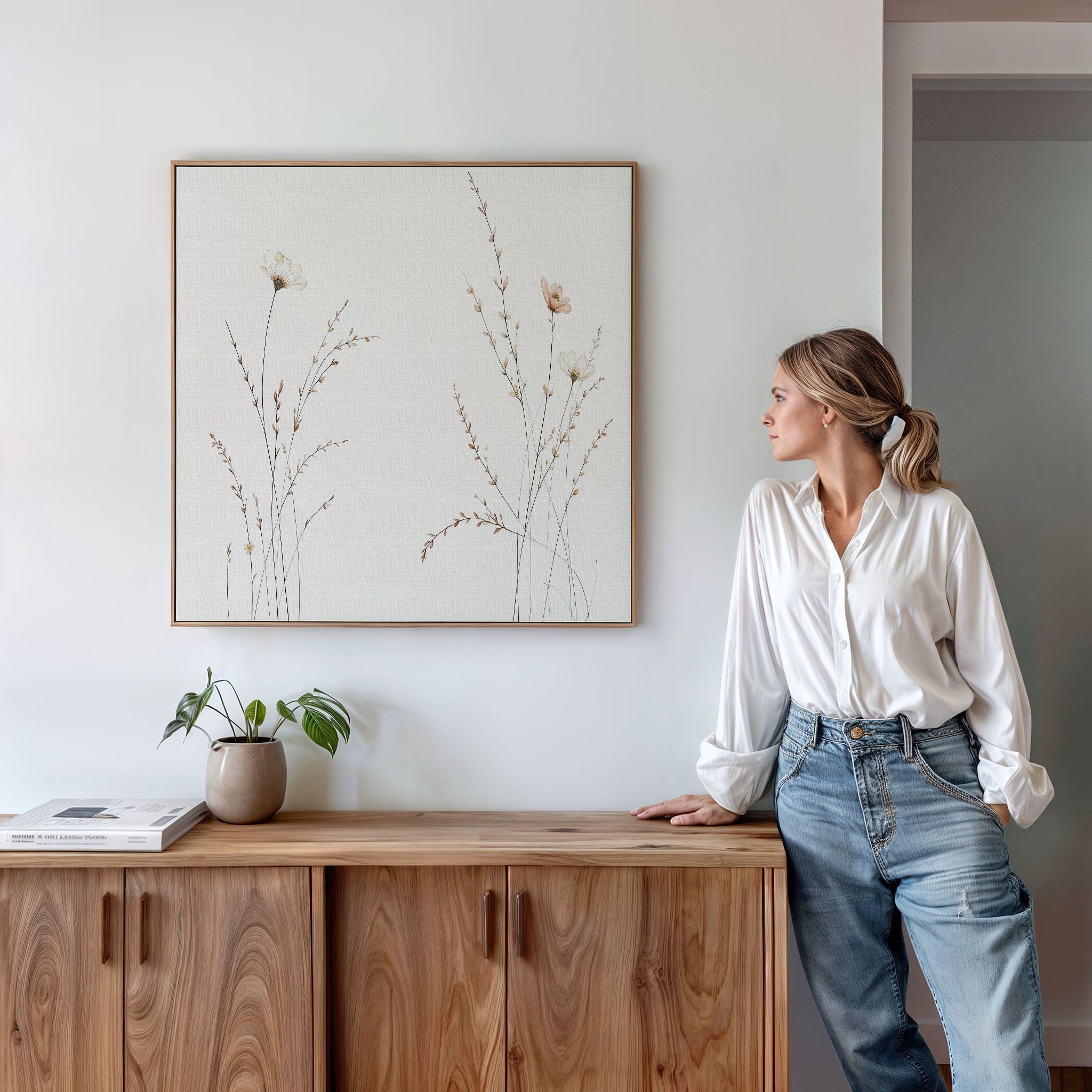 A woman in a white blouse and jeans stands by a wooden cabinet, admiring the Prairie Whispers Canvas Art - Square hanging on a white wall. A small plant and books decorate the cabinet.