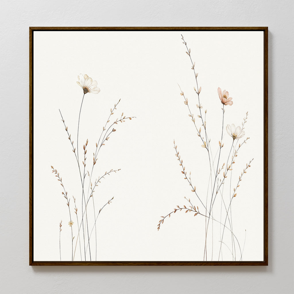 The Prairie Whispers Canvas Art - Square showcases delicate wildflowers and tall grasses in neutral tones on white, offering minimalist botanical wall art that brings a serene touch to any space.