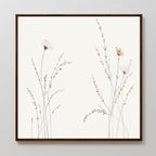 The Prairie Whispers Canvas Art - Square showcases delicate wildflowers and tall grasses in neutral tones on white, offering minimalist botanical wall art that brings a serene touch to any space.