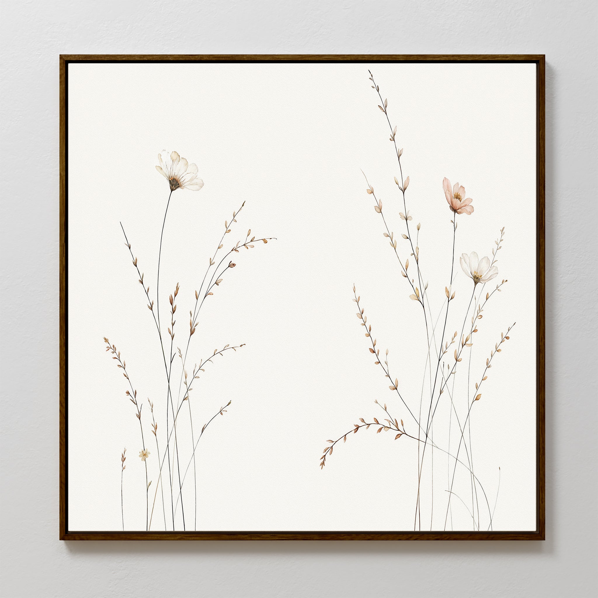 The Prairie Whispers Canvas Art - Square showcases delicate wildflowers and tall grasses in neutral tones on white, offering minimalist botanical wall art that brings a serene touch to any space.