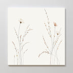 Prairie Whispers Canvas Art - Square features minimalist wildflowers and slender grass stems on a white background. Soft light brown and beige tones create a serene, elegant botanical accent for any space.