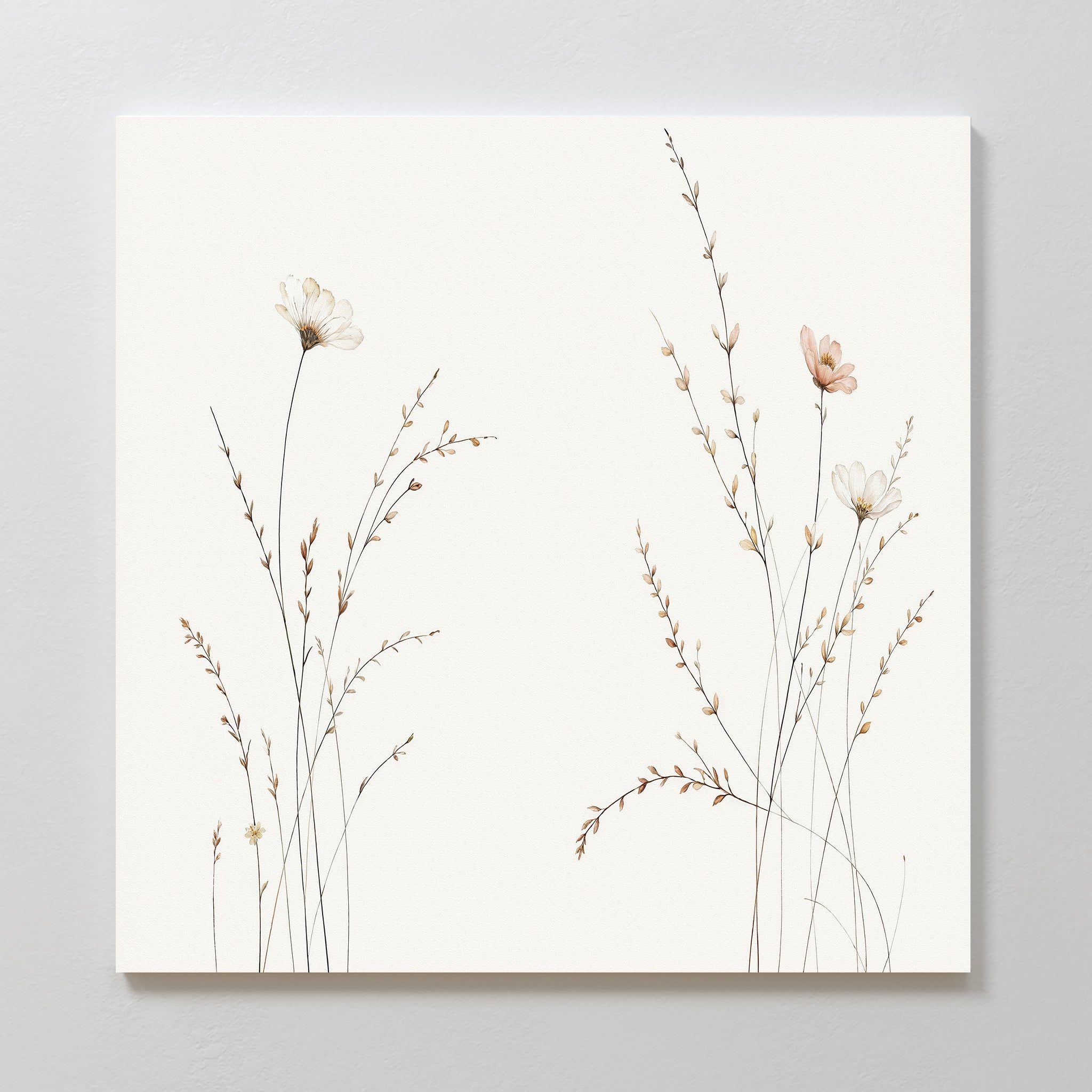 Prairie Whispers Canvas Art - Square features minimalist wildflowers and slender grass stems on a white background. Soft light brown and beige tones create a serene, elegant botanical accent for any space.