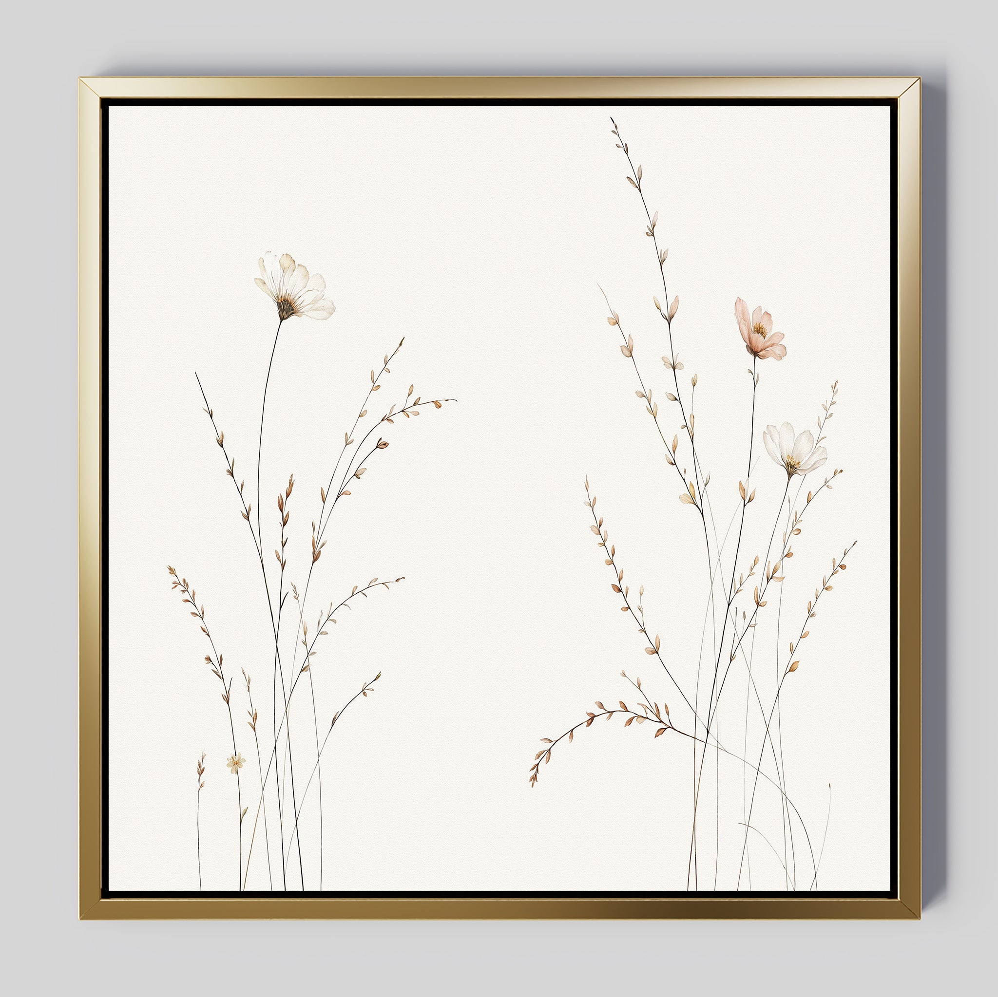 The Prairie Whispers Canvas Art - Square features minimalist botanical wall art in a gold frame, with delicate wildflowers and slender branches on a light background for an airy, refined look.