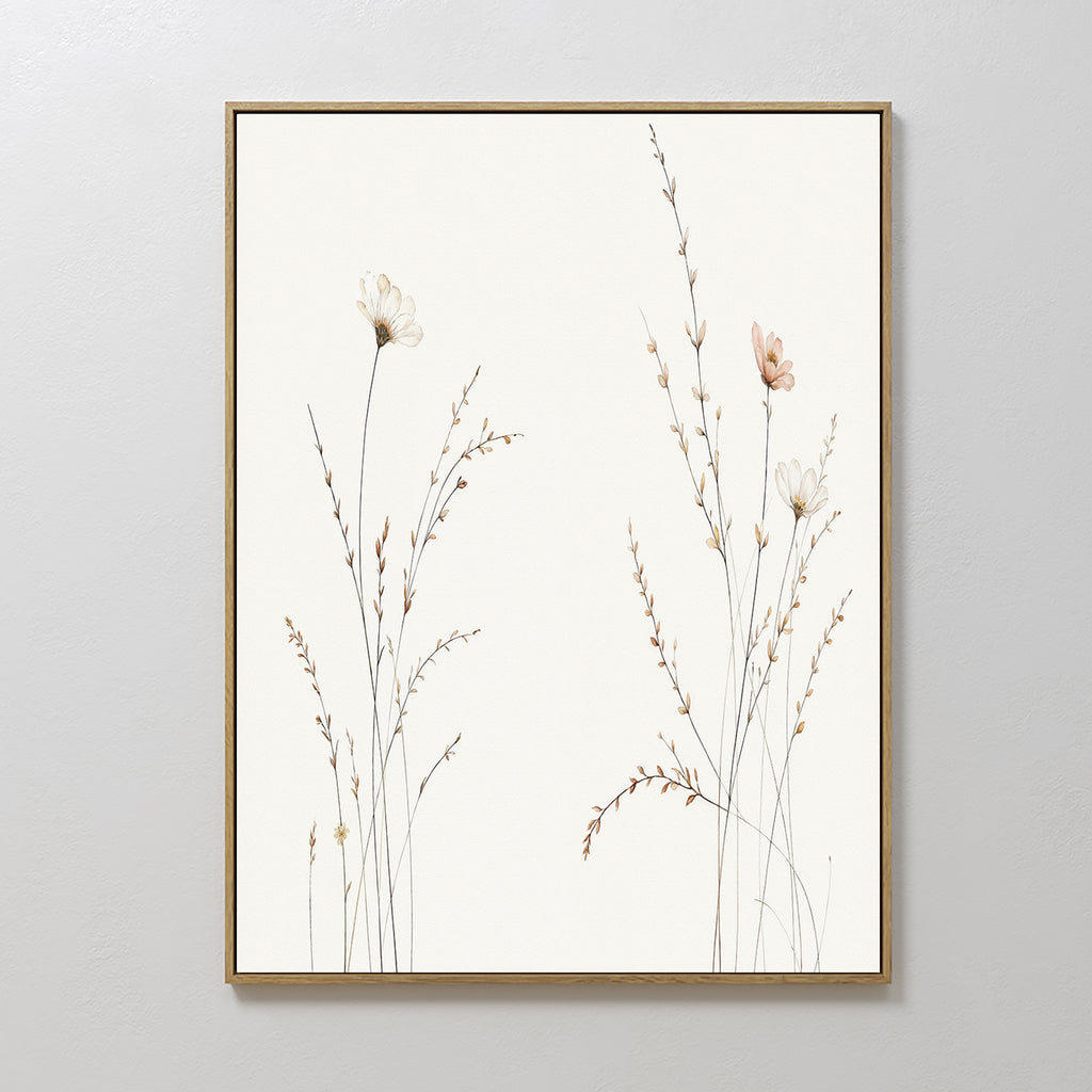 The Prairie Whispers Canvas Art - Vertical showcases delicate, light wildflowers and slender grasses on a white background, adding natural tranquility to any plain light-colored wall.