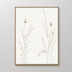 The Prairie Whispers Canvas Art - Vertical showcases delicate, light wildflowers and slender grasses on a white background, adding natural tranquility to any plain light-colored wall.