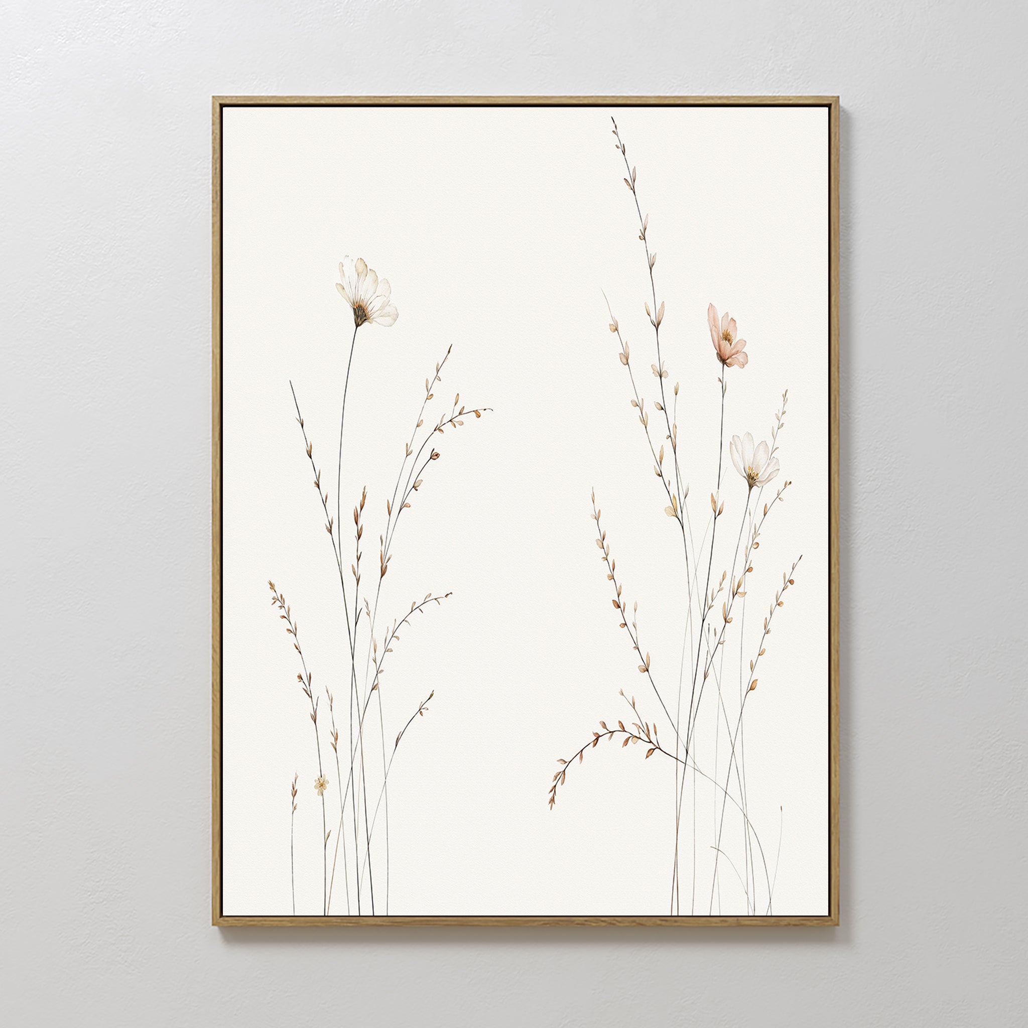 The Prairie Whispers Canvas Art - Vertical showcases delicate, light wildflowers and slender grasses on a white background, adding natural tranquility to any plain light-colored wall.