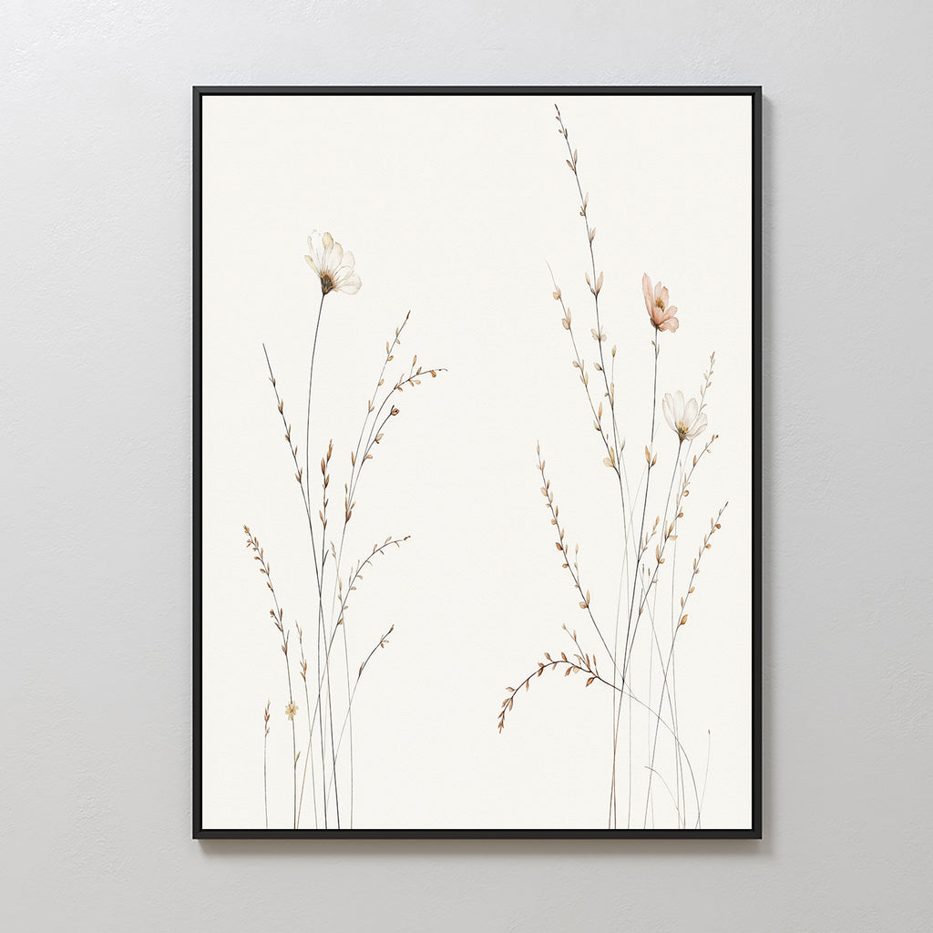 Prairie Whispers Canvas Art - Vertical features delicate, hand-drawn wildflowers and grasses in beige and soft pink on a white background, bringing natural tranquility to any light-colored wall.