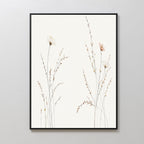 Prairie Whispers Canvas Art - Vertical features delicate, hand-drawn wildflowers and grasses in beige and soft pink on a white background, bringing natural tranquility to any light-colored wall.