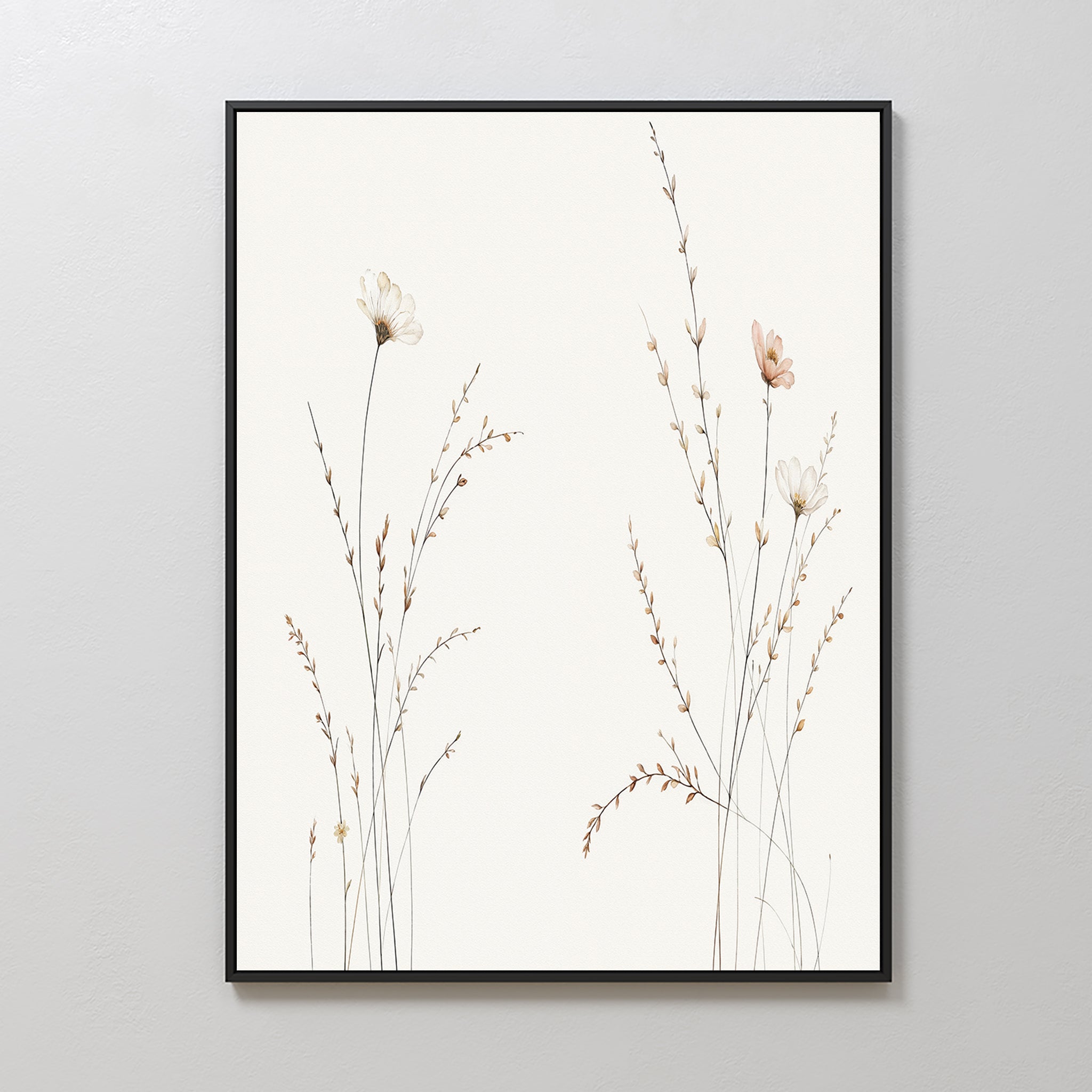 Prairie Whispers Canvas Art - Vertical features delicate, hand-drawn wildflowers and grasses in beige and soft pink on a white background, bringing natural tranquility to any light-colored wall.