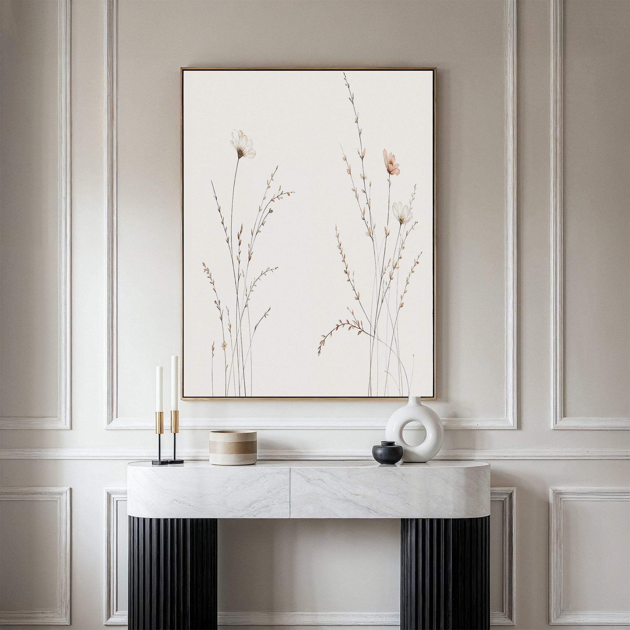 Minimalist interior with a marble console table, decorative objects, and the Prairie Whispers Canvas Art - Vertical featuring delicate botanical designs on a light background, set against light-paneled walls for natural tranquility.