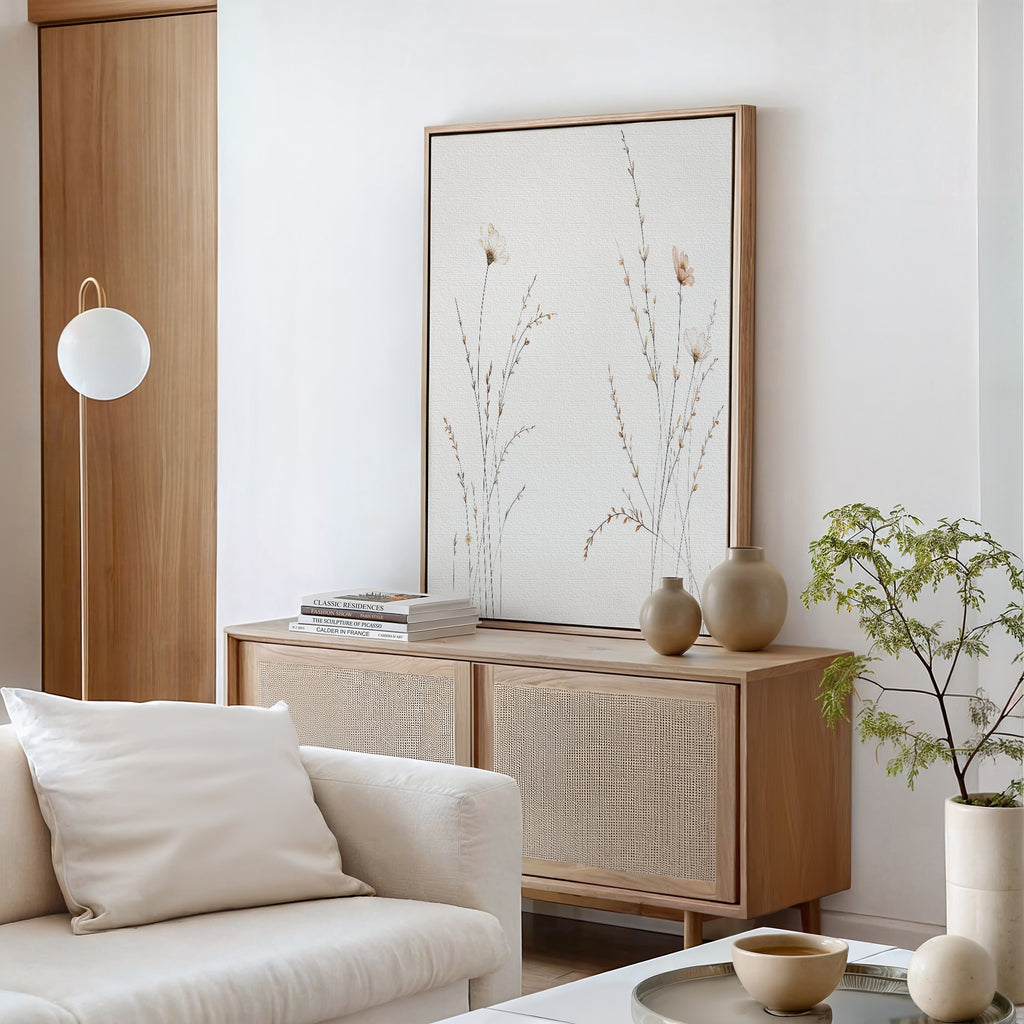 A minimal, modern living room with a white sofa, wooden sideboard topped with beige vases and books, a potted plant, and the Prairie Whispers Canvas Art - Vertical. Neutral tones and soft lighting create a tranquil, natural atmosphere.