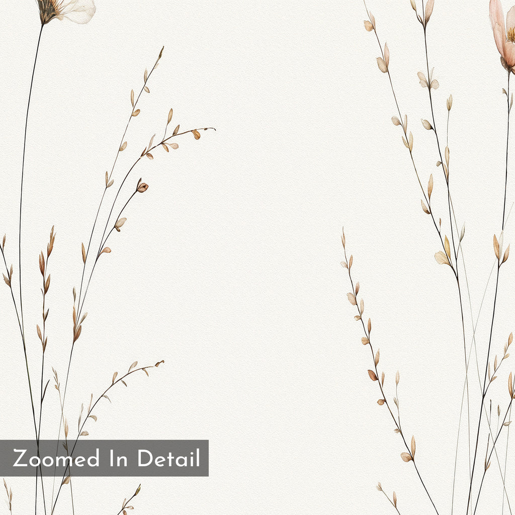 Prairie Whispers Canvas Art - Vertical showcases minimalist botanical artwork with delicate wildflowers and grasses on a light, textured background. A gray box reading "Zoomed In Detail" at the bottom left adds a tranquil touch.