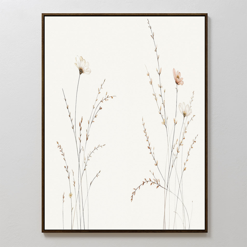 Prairie Whispers Canvas Art - Vertical features minimalist botanical wildflowers and slender stems in neutral tones, presented as a canvas print with a simple dark frame, adding natural tranquility to any light-colored wall.