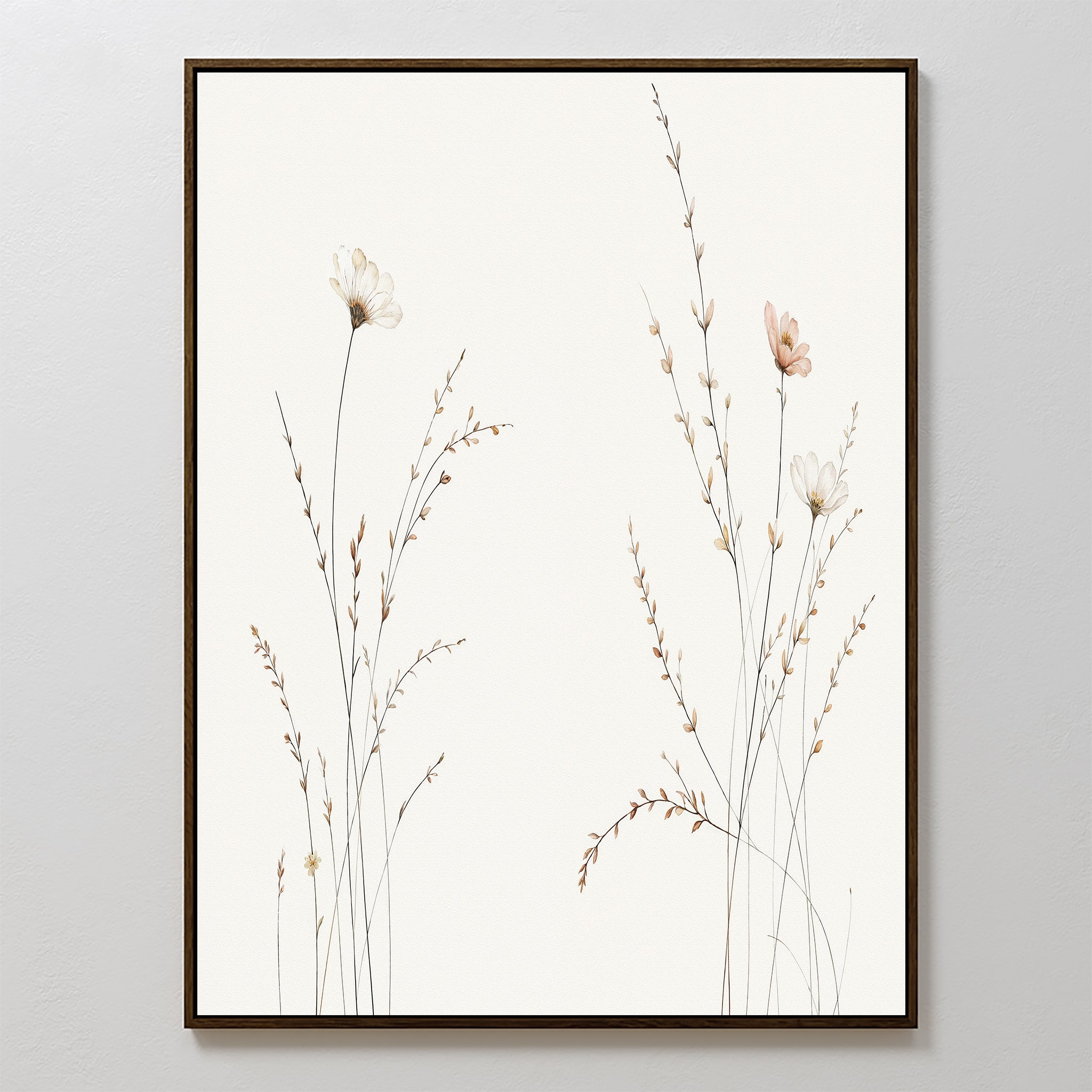 Prairie Whispers Canvas Art - Vertical features minimalist botanical wildflowers and slender stems in neutral tones, presented as a canvas print with a simple dark frame, adding natural tranquility to any light-colored wall.