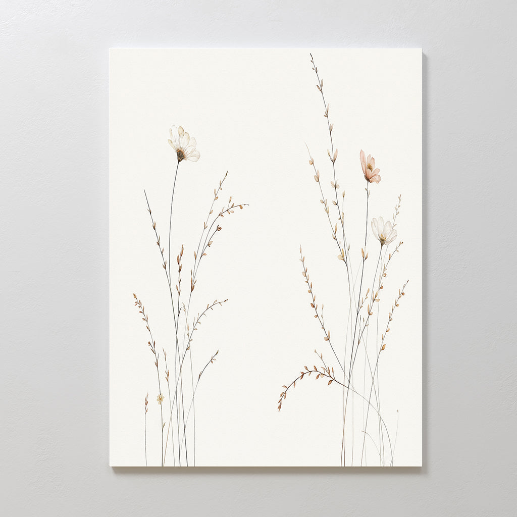 Prairie Whispers Canvas Art - Vertical features delicate wildflowers and slender grasses in soft, neutral tones on canvas, creating a tranquil and airy atmosphere with its minimalist botanical design—perfect for a calming space.
