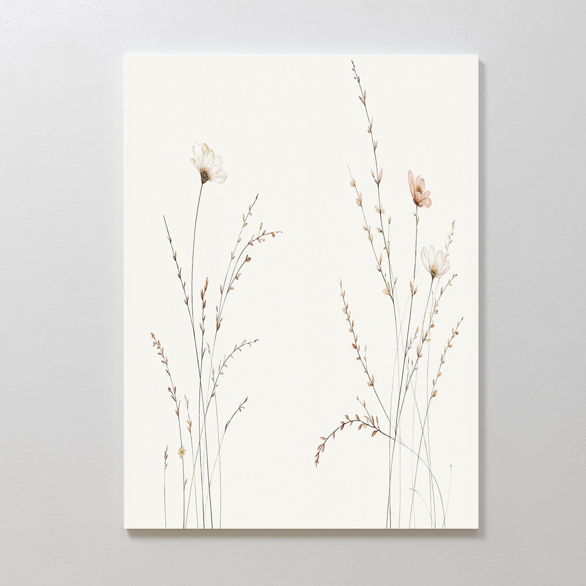 Prairie Whispers Canvas Art - Vertical features delicate wildflowers and slender grasses in soft, neutral tones on canvas, creating a tranquil and airy atmosphere with its minimalist botanical design—perfect for a calming space.