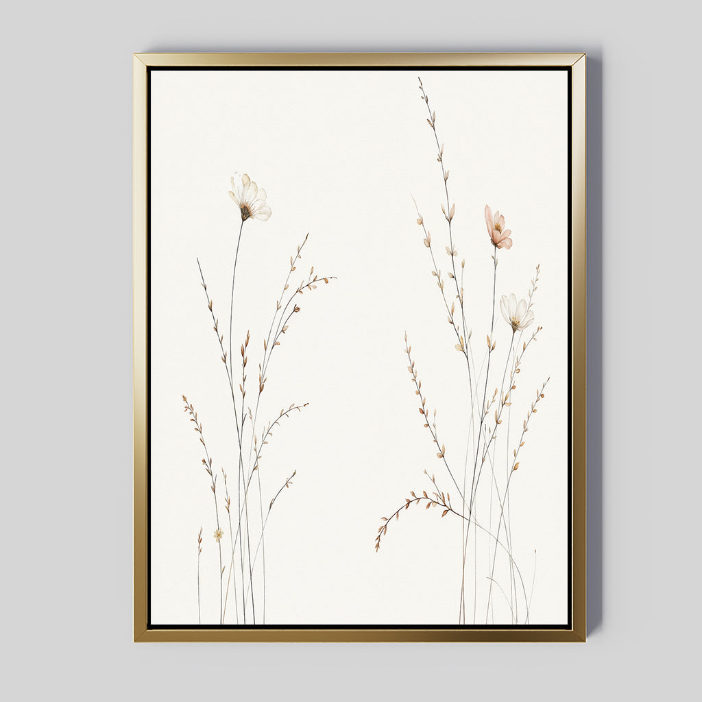 Prairie Whispers Canvas Art - Vertical features delicate, hand-drawn wildflowers and grasses in soft neutrals, set on a light gray background and displayed in a slim gold frame—an elegant piece that brings natural tranquility to any space.