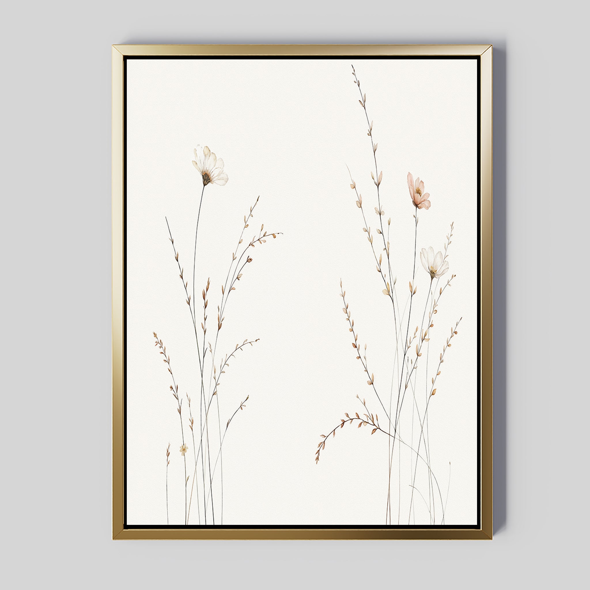 Prairie Whispers Canvas Art - Vertical features delicate, hand-drawn wildflowers and grasses in soft neutrals, set on a light gray background and displayed in a slim gold frame—an elegant piece that brings natural tranquility to any space.