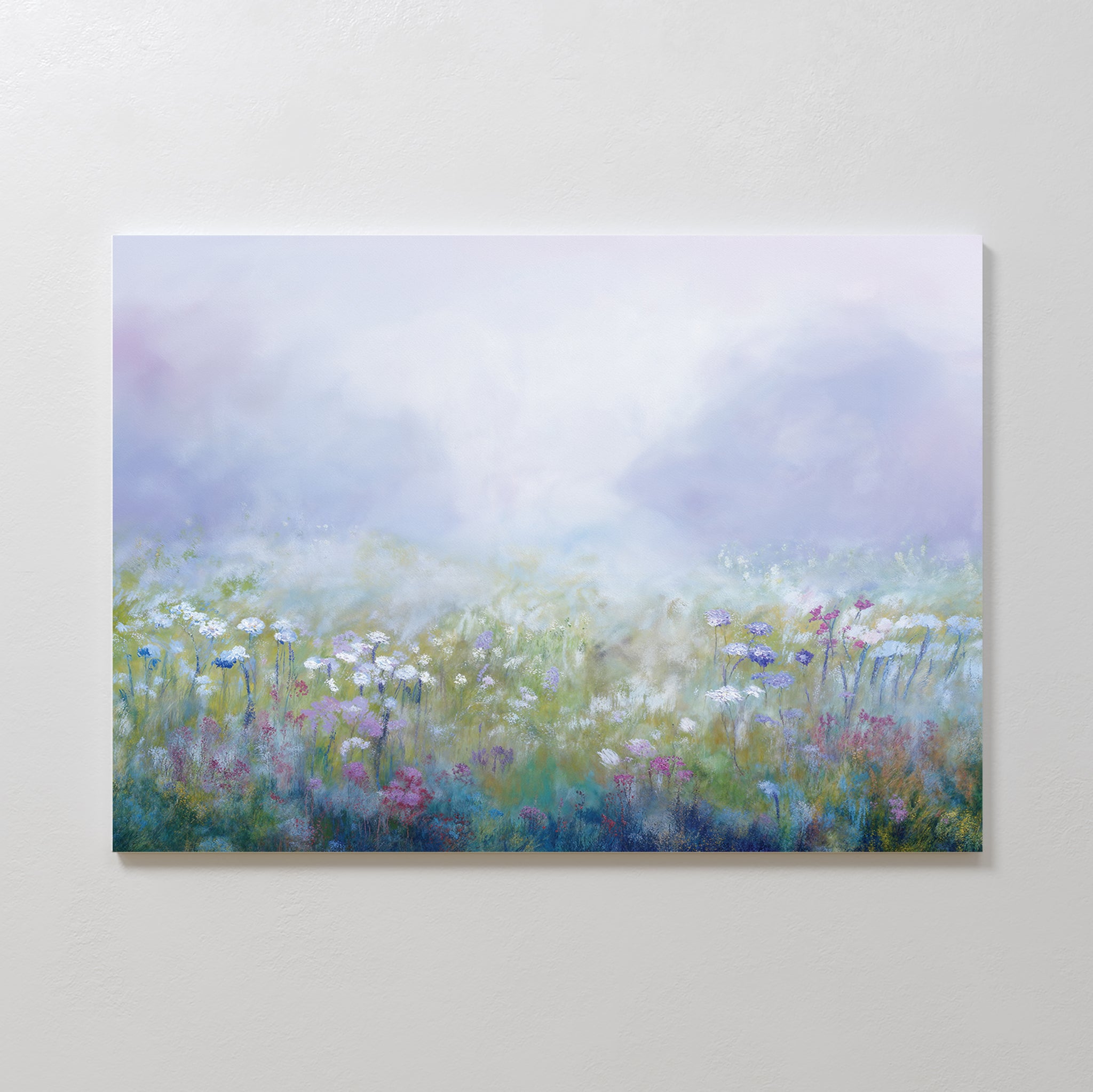Purple Haze Canvas Art - Horizontal features a soft, impressionistic wildflower meadow with purple, pink, and white flowers under a misty sky—a serene canvas print ideal for living room or bedroom decor.
