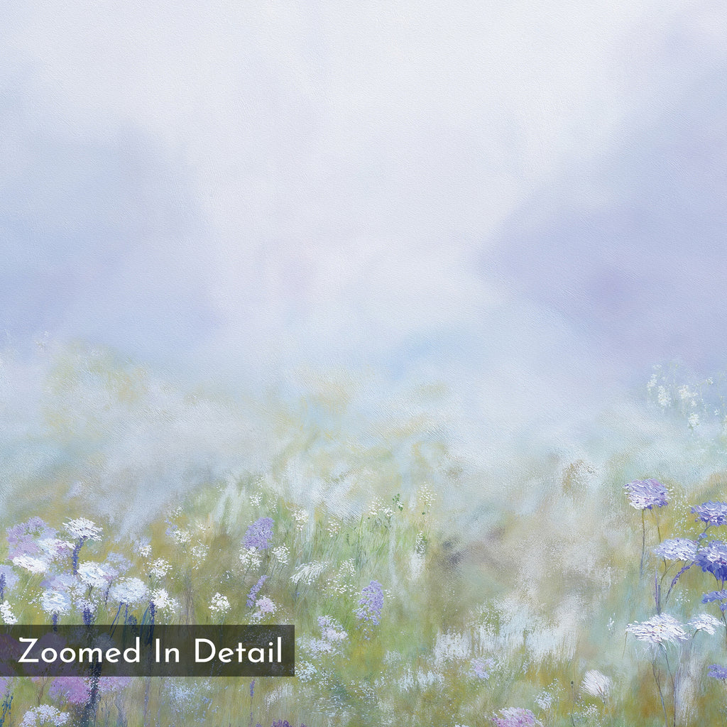 Purple Haze Canvas Art - Horizontal features a soft, pastel wildflower meadow with delicate purple and white blooms in the foreground and a misty backdrop. Ideal for living room decor. A corner label reads "Zoomed In Detail.