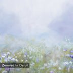 Purple Haze Canvas Art - Horizontal features a soft, pastel wildflower meadow with delicate purple and white blooms in the foreground and a misty backdrop. Ideal for living room decor. A corner label reads "Zoomed In Detail.