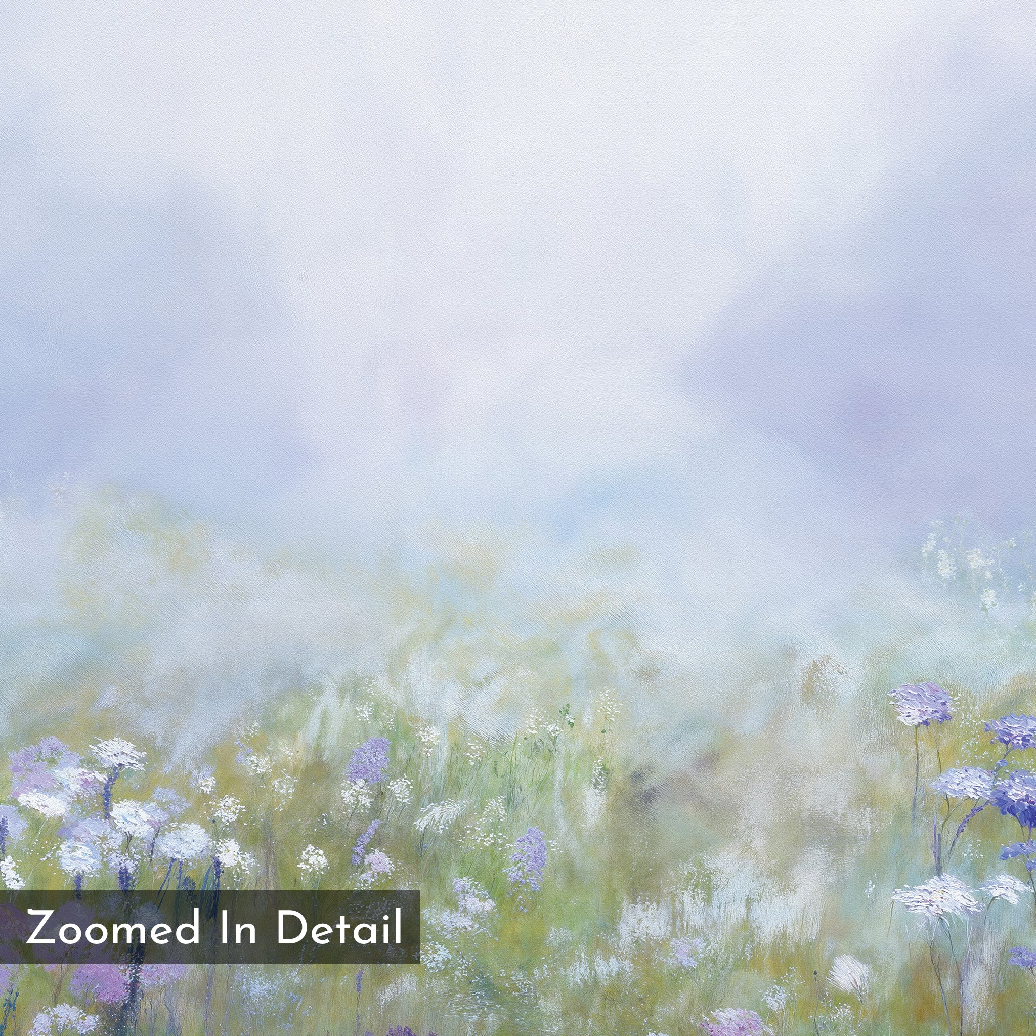 Purple Haze Canvas Art - Horizontal features a soft, pastel wildflower meadow with delicate purple and white blooms in the foreground and a misty backdrop. Ideal for living room decor. A corner label reads "Zoomed In Detail.