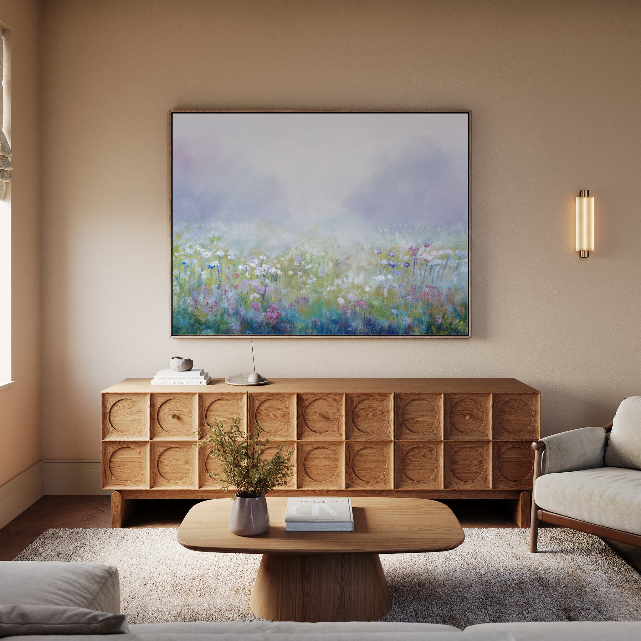 A minimalist living room featuring the Purple Haze Canvas Art - Horizontal, a wooden sideboard, coffee table with a small vase of flowers, sofa, and soft natural light—ideal for modern living room decor.