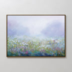 Purple Haze Canvas Art - Horizontal features a misty meadow with pastel wildflowers beneath a hazy sky—ideal framed wall decor for your living room or bedroom, adding an elegant, soft touch to any space.