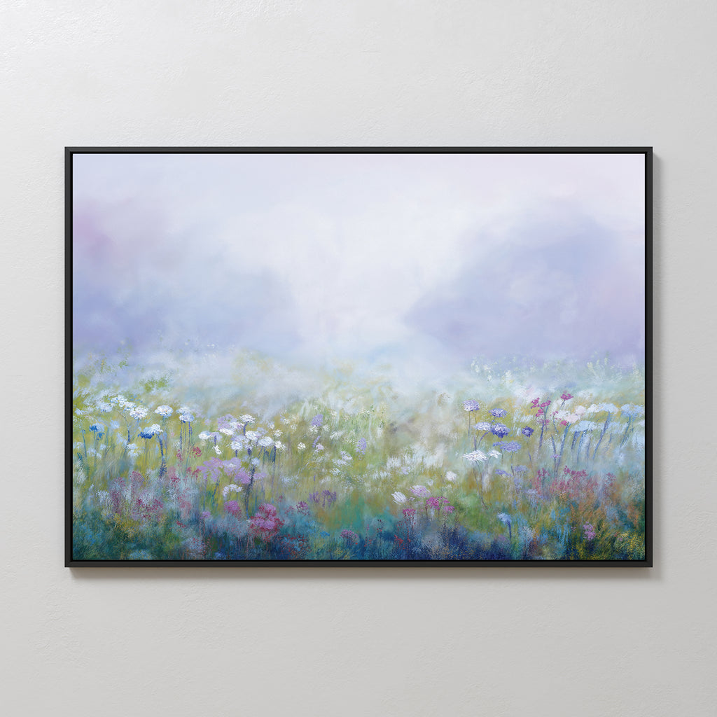 The Purple Haze Canvas Art - Horizontal features a dreamy wildflower meadow in soft purples, blues, whites, and greens with a misty, light-filled background—ideal for bringing a calming vibe to your bedroom or living room decor.