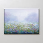 The Purple Haze Canvas Art - Horizontal features a dreamy wildflower meadow in soft purples, blues, whites, and greens with a misty, light-filled background—ideal for bringing a calming vibe to your bedroom or living room decor.