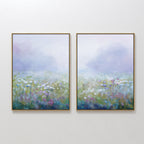 Purple Haze - Set of 2: two framed canvas prints feature a soft, misty landscape with wildflowers in green, purple, and white tones—ideal for bedroom or living room decor. Hang side by side to create a tranquil, dreamy atmosphere.