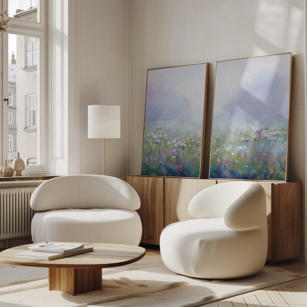 A modern living room decor features two white curved armchairs, a round wooden coffee table, a floor lamp, and the Purple Haze - Set of 2 floral canvas prints atop a wooden cabinet against a sunlit window.