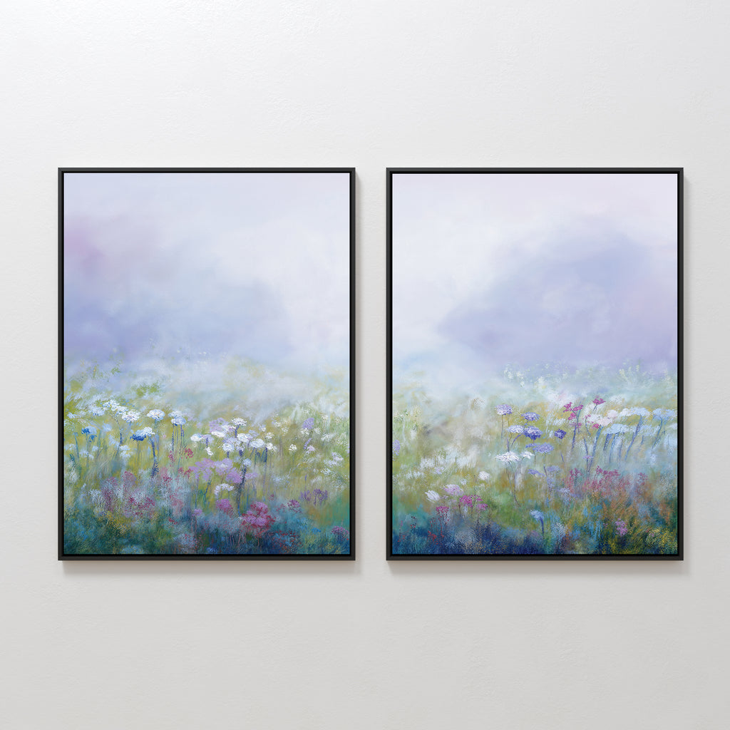 The "Purple Haze - Set of 2" features framed canvas prints with dreamy wildflower landscapes in pastel purple, blue, green, and pink tones—an elegant touch for your living room decor.