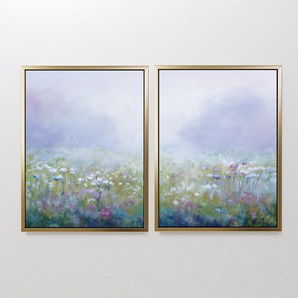 The "Purple Haze - Set of 2" features framed canvas prints of a dreamy meadow with pastel wildflowers in green, purple, blue, and white—ideal for adding a serene vibe to your bedroom or living room décor.
