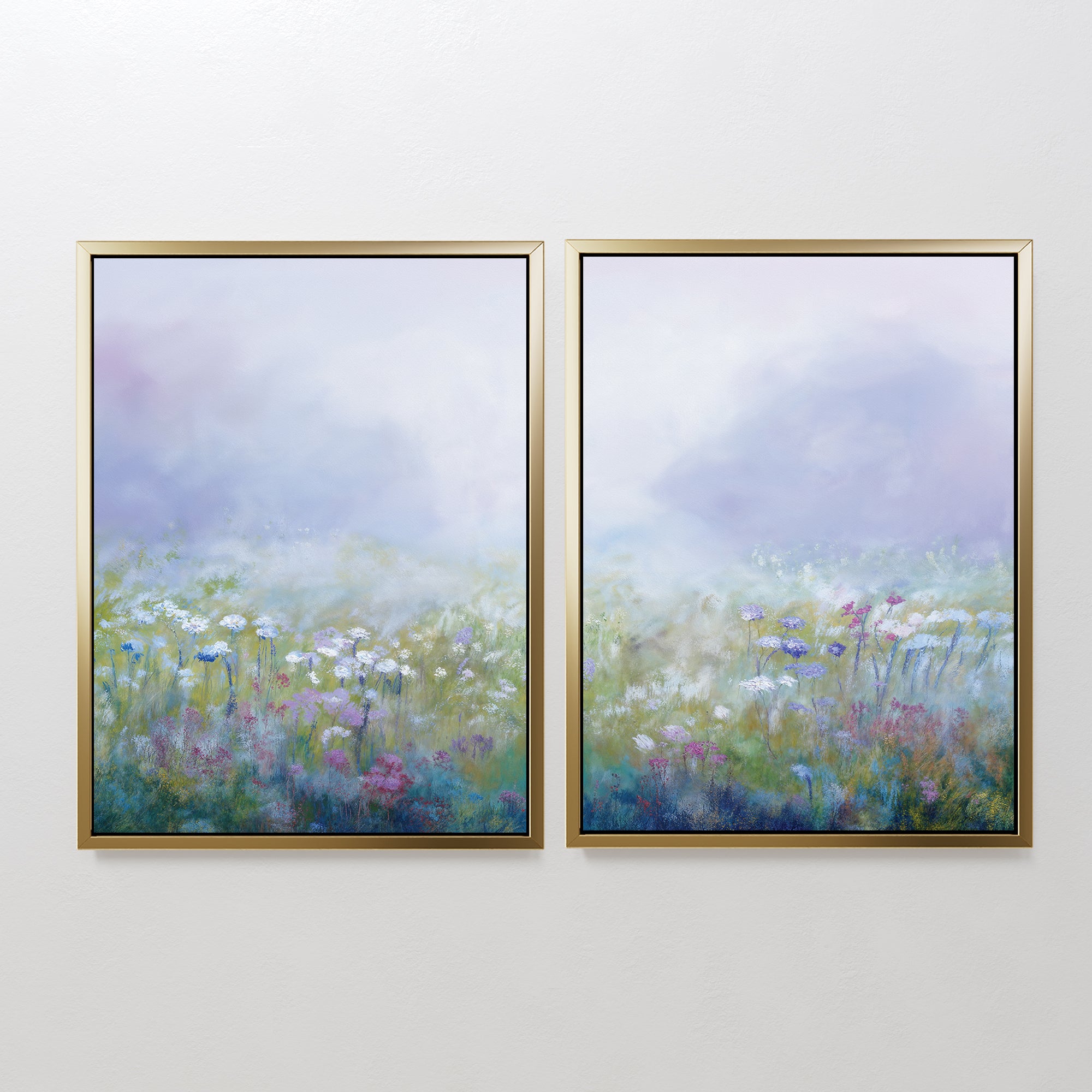 The "Purple Haze - Set of 2" features framed canvas prints of a dreamy meadow with pastel wildflowers in green, purple, blue, and white—ideal for adding a serene vibe to your bedroom or living room décor.