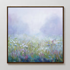The Purple Haze Canvas Art - Square features a misty meadow with soft pastel tones and blooming wildflowers in white, purple, and pink—a dreamy, serene addition to your living room decor.