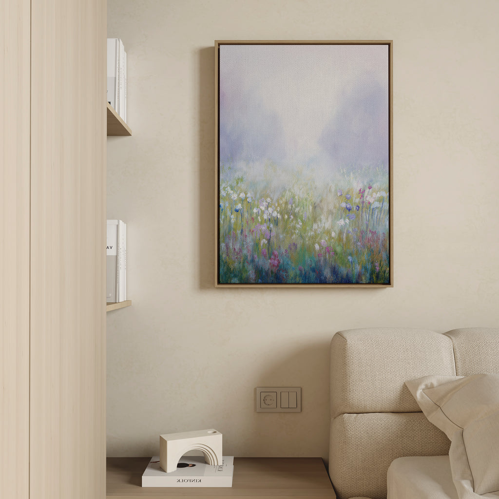 The Purple Haze Canvas Art - Vertical hangs on a beige wall above a light sofa, with a white geometric decor piece and books on a nearby shelf, creating calm, minimalist living room decor.