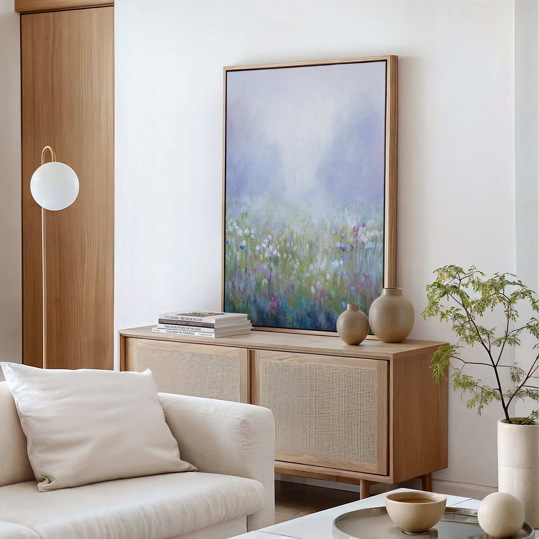 A modern living room featuring the Purple Haze Canvas Art - Vertical, a light wood sideboard, neutral ceramics, stacked books, a white sofa with cream pillow, globe pendant light, and a small potted green plant.