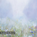 Purple Haze Canvas Art - Vertical: A soft, dreamy meadow with pastel wildflowers and grasses on a misty blue, purple, and white background. Ideal as a canvas print for bedroom decor. "Zoomed In Detail" appears in the lower left corner.