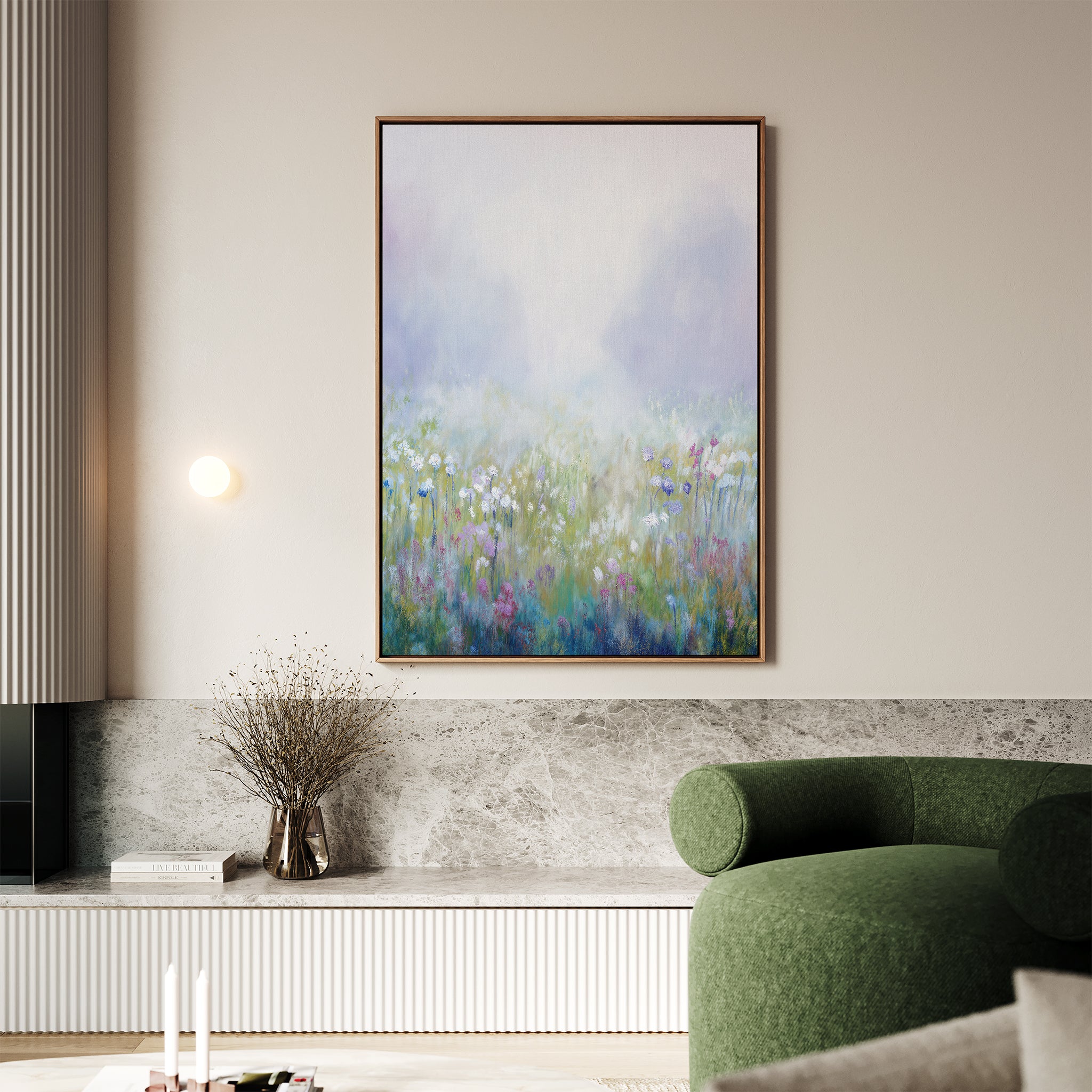 A living room featuring a green sofa, light marble bench, and the Purple Haze Canvas Art - Vertical above a vase of dried flowers—perfect for inspiring elegant living room decor.