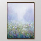Purple Haze Canvas Art - Vertical features a dreamy, misty meadow with wildflowers in soft purple, blue, white, and pink tones against a pale sky—perfect as serene framed canvas decor for your living room.