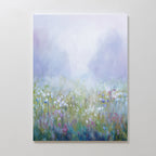 Purple Haze Canvas Art - Vertical features a dreamy wildflower field in soft pastel white, purple, pink, and blue tones with a misty backdrop—an ethereal canvas print that elevates any bedroom decor.